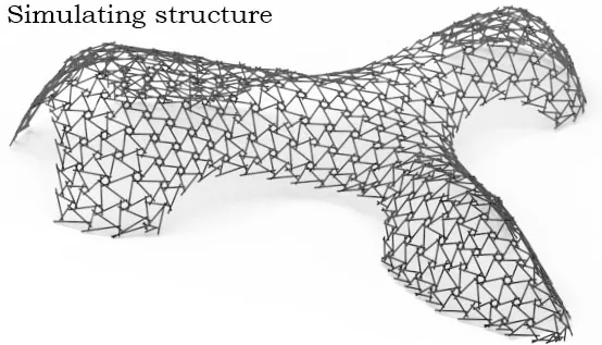 Wireframe render of the complete simulated reciprocal timber frame covering the whole building form