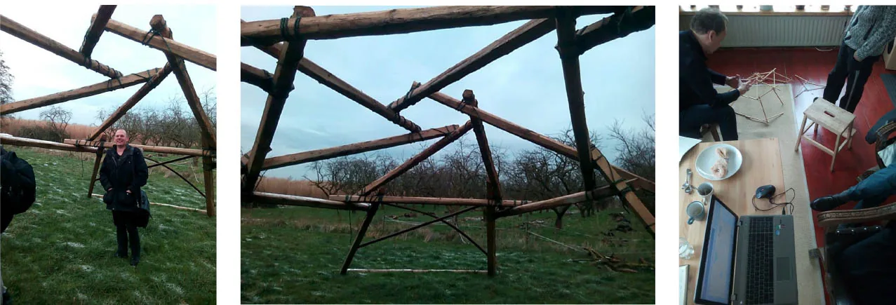 Three photographs: a person standing beside a full-scale timber reciprocal frame in a field, a detail of the joints, and a study model on a desk