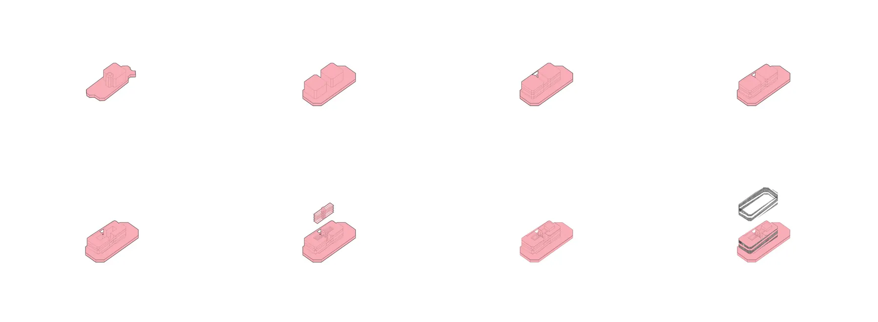 Grid of eight isometric massing studies showing the building's volume being carved and opened step by step