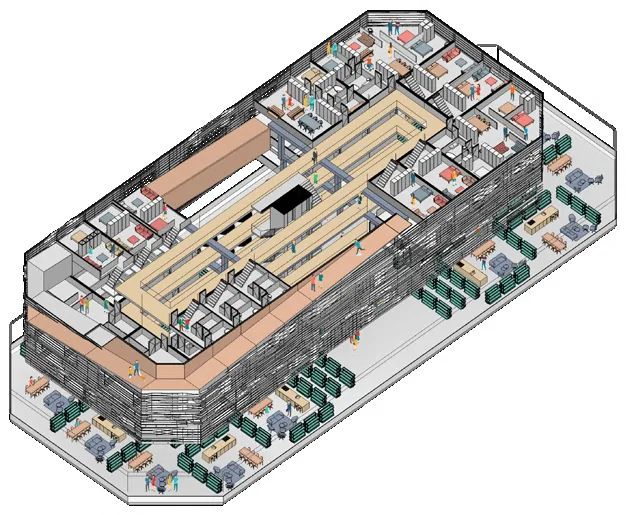 Exploded axonometric of the building showing its stacked programme: aquaponics base, apartments, and roof terrace restaurant