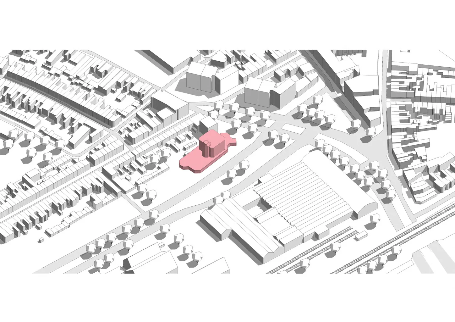Aerial diagram locating the pink-highlighted Blue Building within its Spoorzone surroundings