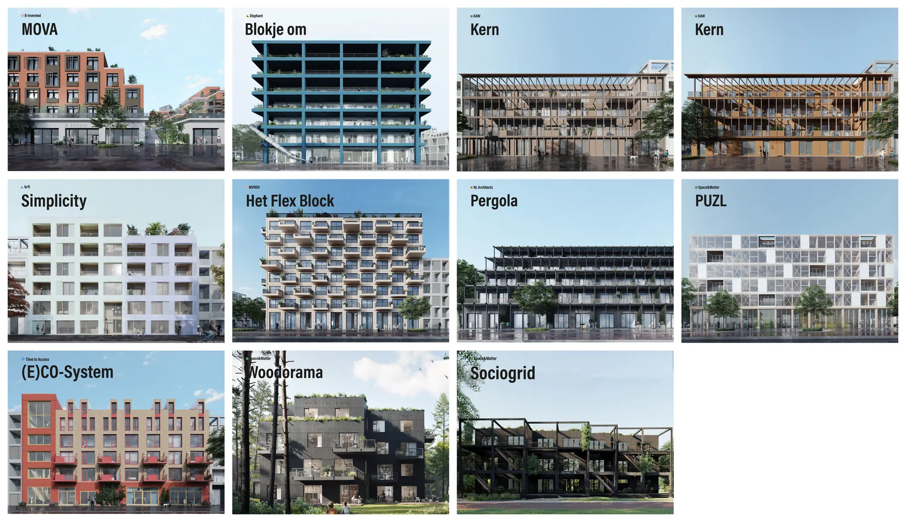Grid of eleven building renders, each a different named housing phenotype such as MOVA, Blokje om, Kern, Simplicity, PUZL and Woodorama