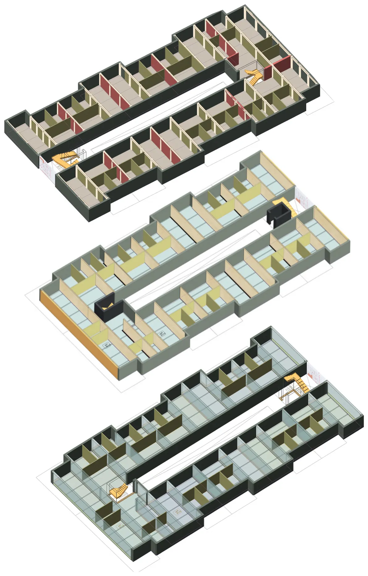 Three stacked isometric drawings of the same floor plate built in three different structural systems, each colour-coded