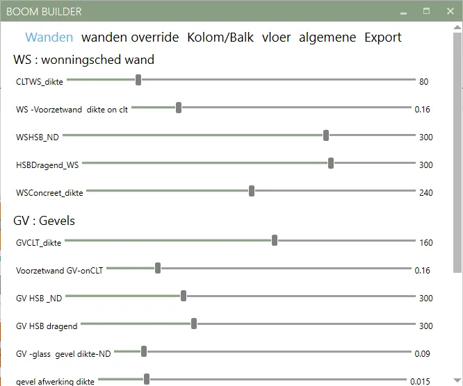 Screenshot of the custom BOOM BUILDER interface with tabs and labelled sliders for wall and facade parameters