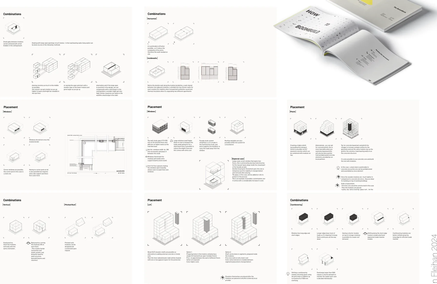 Grid of pages from the BoomBook covering module combinations, placement of windows and lifts, vertical stacking and cantilevering