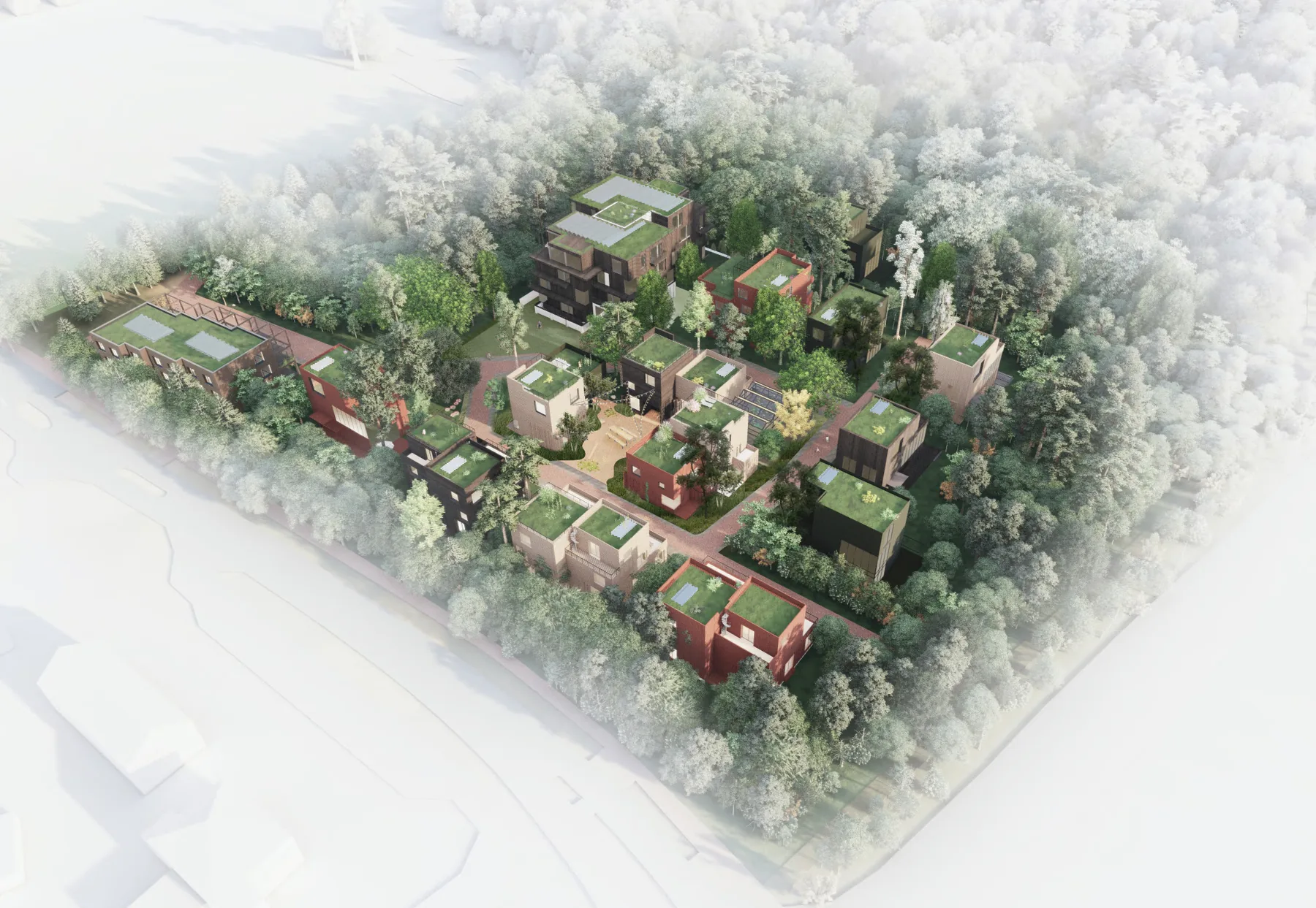 Aerial masterplan render of the neighbourhood showing houses nested among mature trees with green roofs