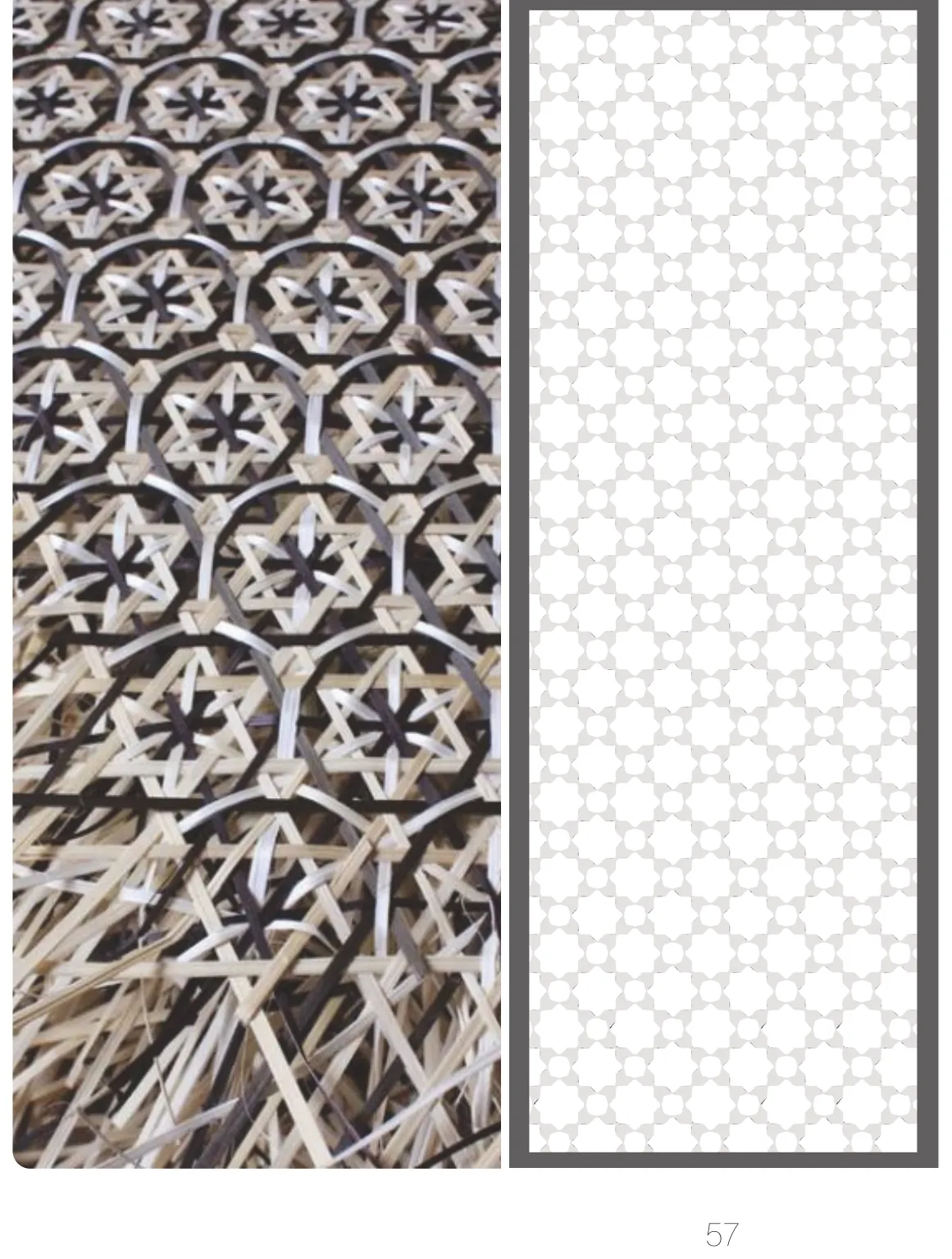 Woven kagome basketry beside a shutter panel milled with the matching hexagonal perforated pattern