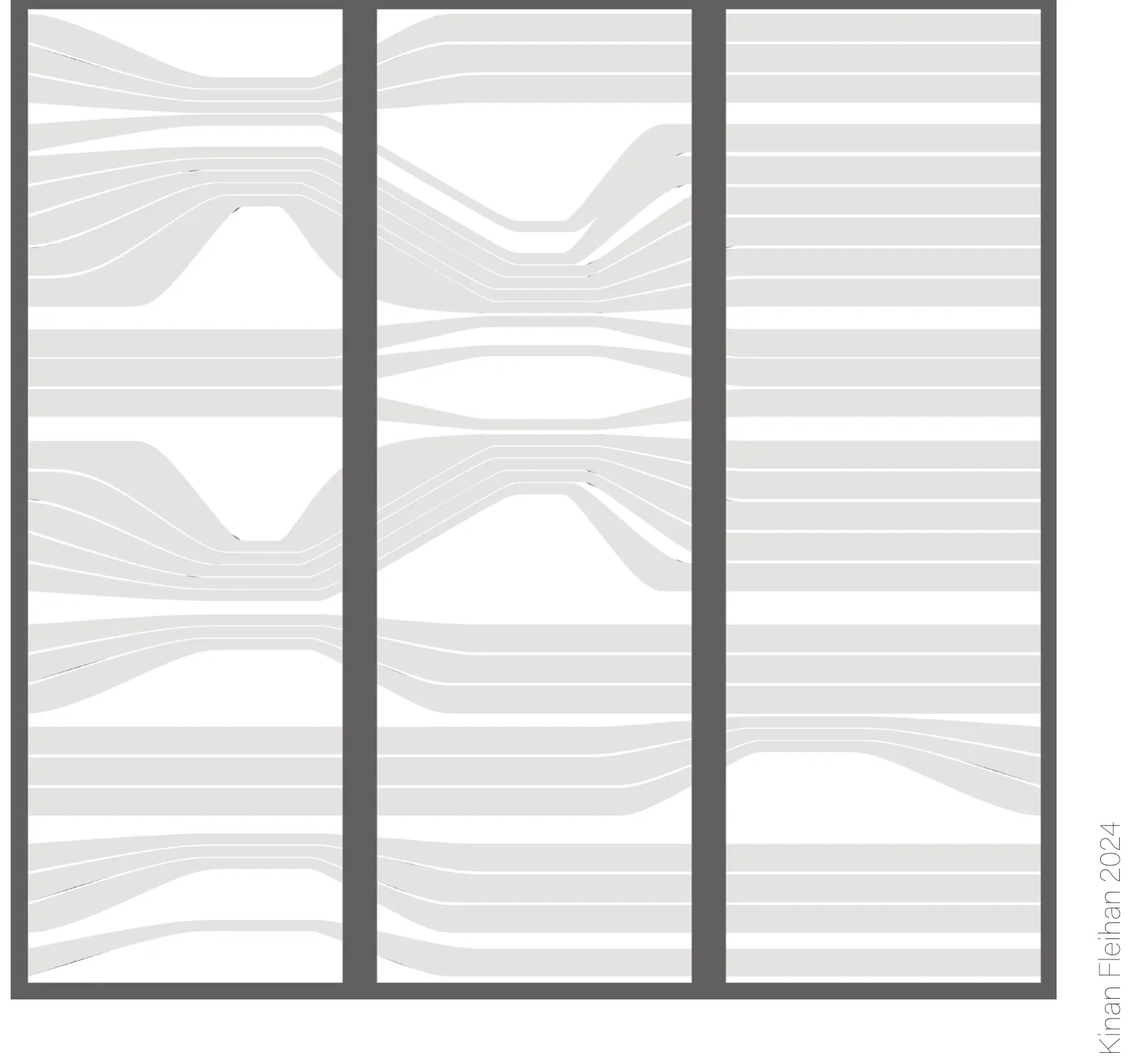Three tall shutter panels shown with their louvered patterns and movement systems
