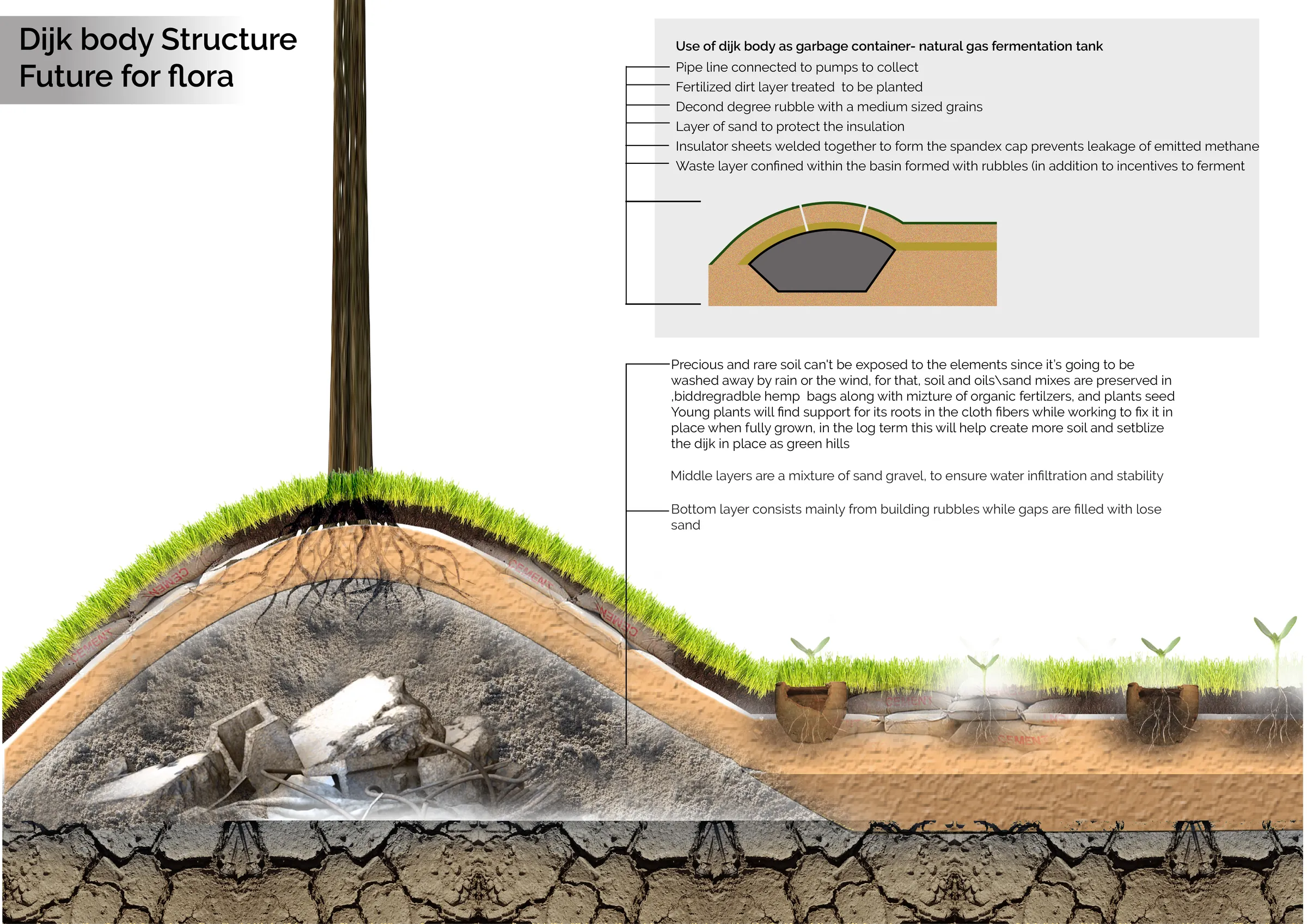 Annotated section through the dike showing rubble base, sand layers, buried organic fermentation chambers and planted upper surface
