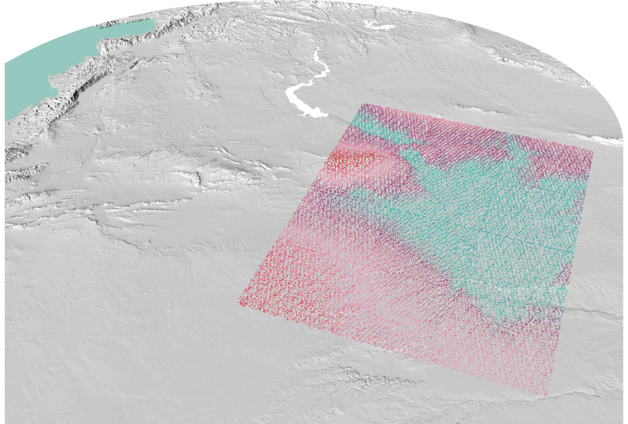 Terrain model of the region with the drainage simulation overlaid as a coloured field indicating flow and basin location