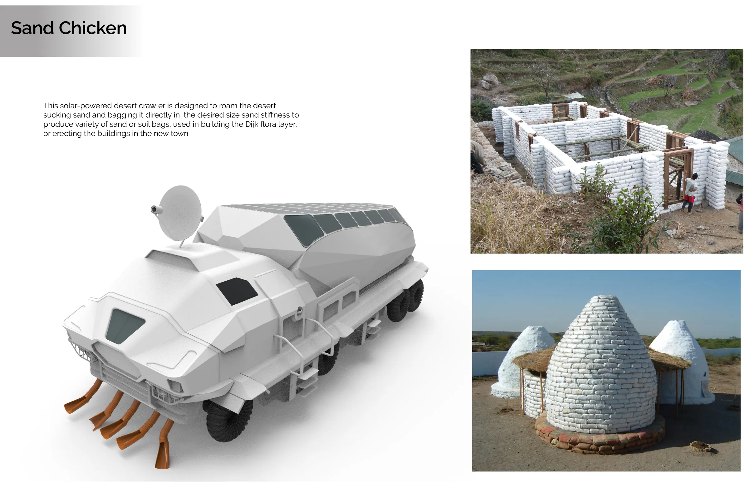 Render of the solar-powered sand-collecting crawler alongside photographs of sandbag structures built from its output
