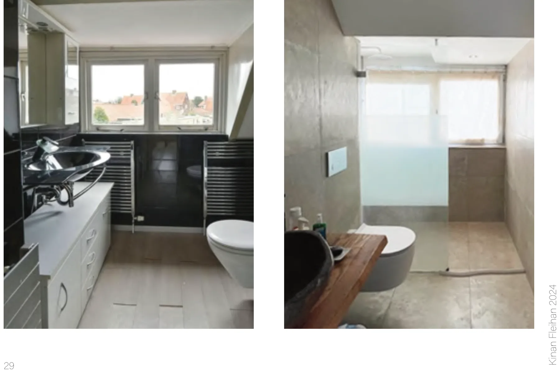 Before-and-after photographs of the bathroom, from a dark tiled room to a pale poured-finish space