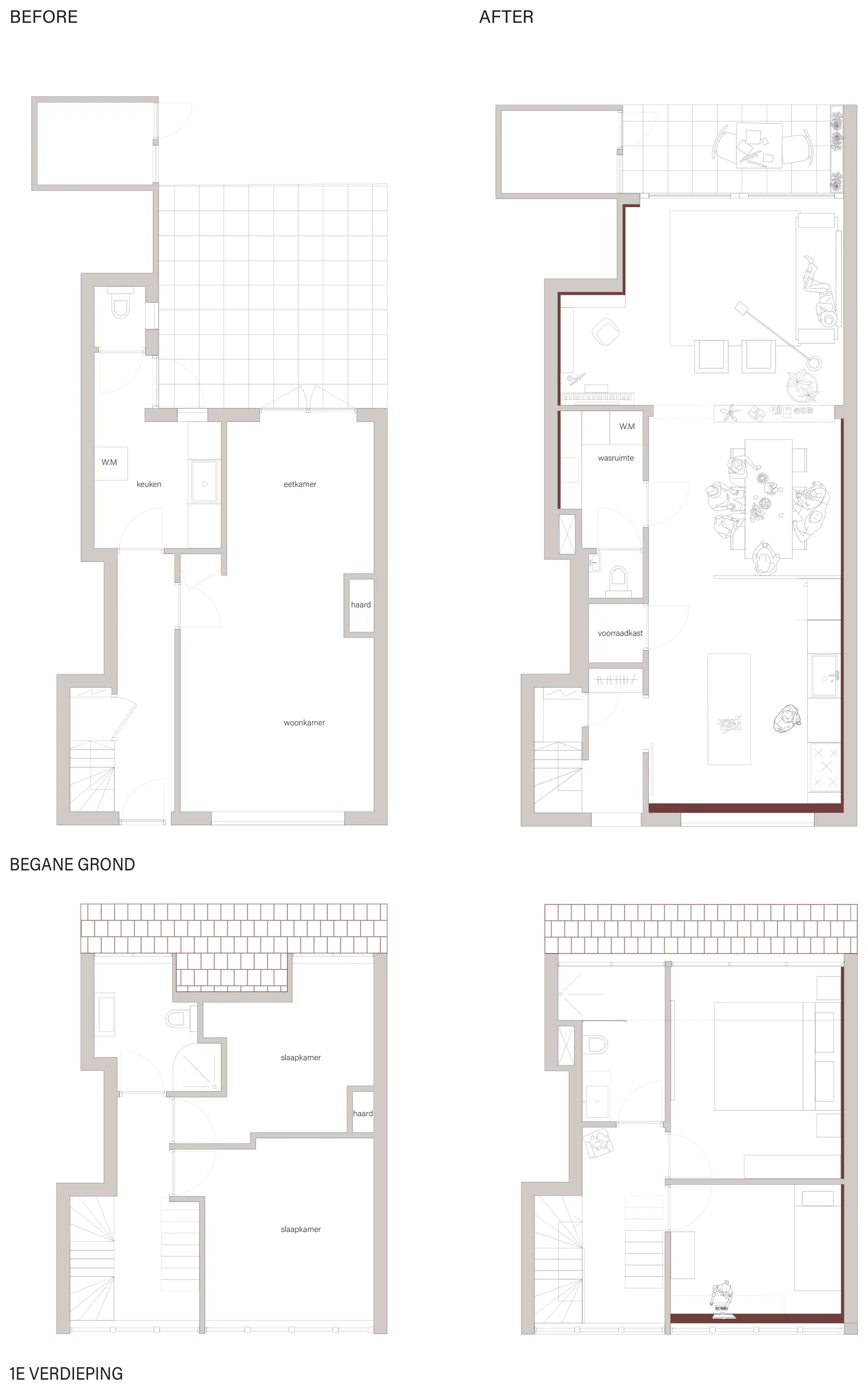 Before-and-after floor plans of the ground floor and first floor showing the reorganised layout