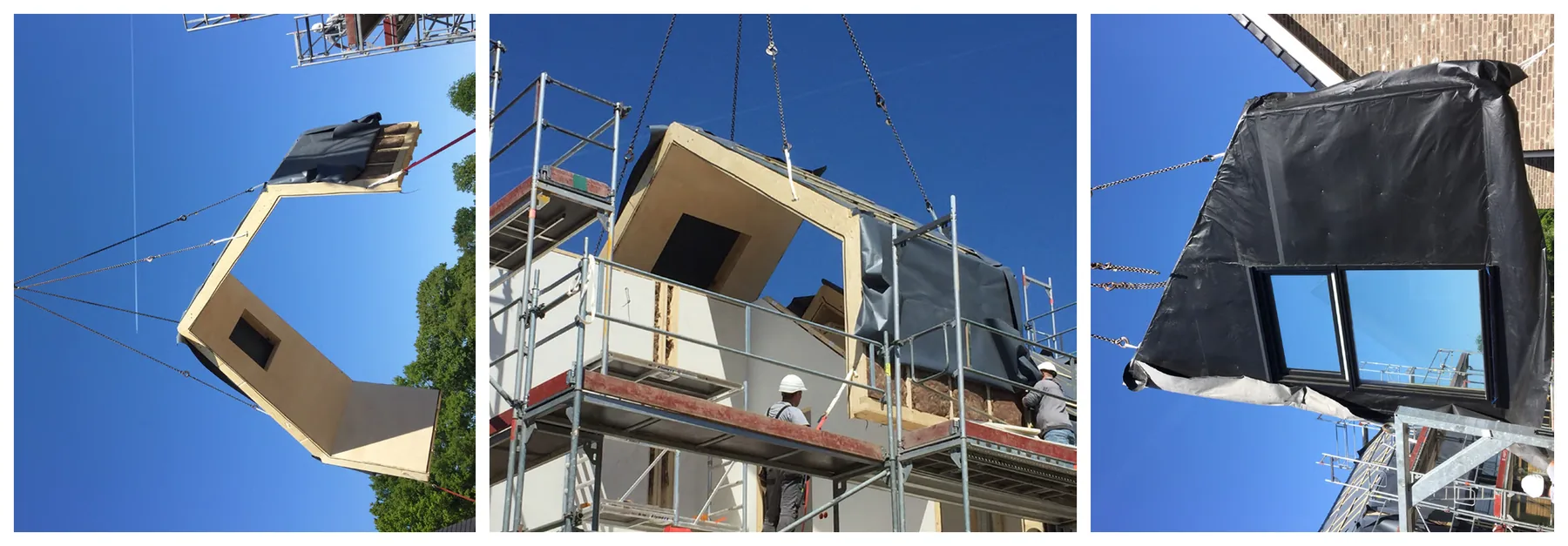 Three photographs of a folded roof element being craned up and assembled on a building under scaffolding