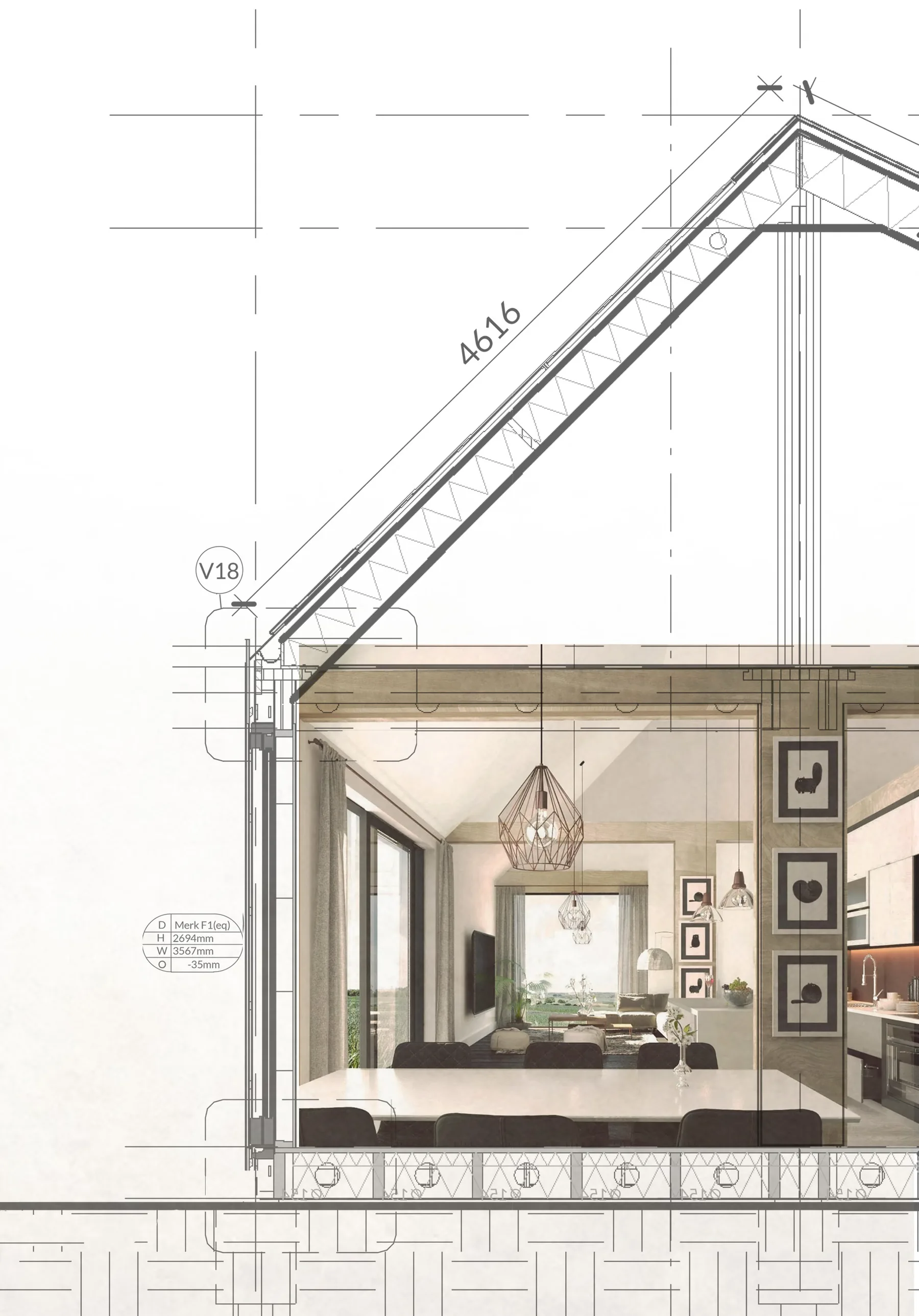 Detailed section through the pitched roof with an interior render collaged into the living space below