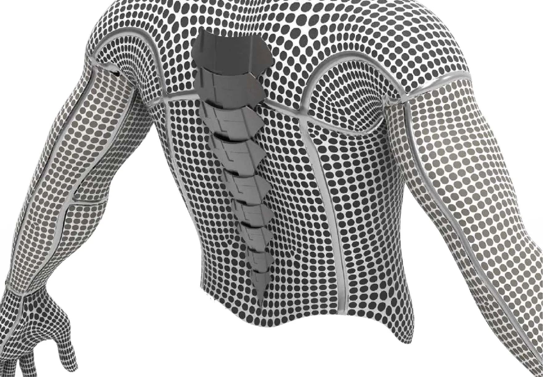 Detail render of the Inkido suit showing the sensory dot matrix and the segmented spine element