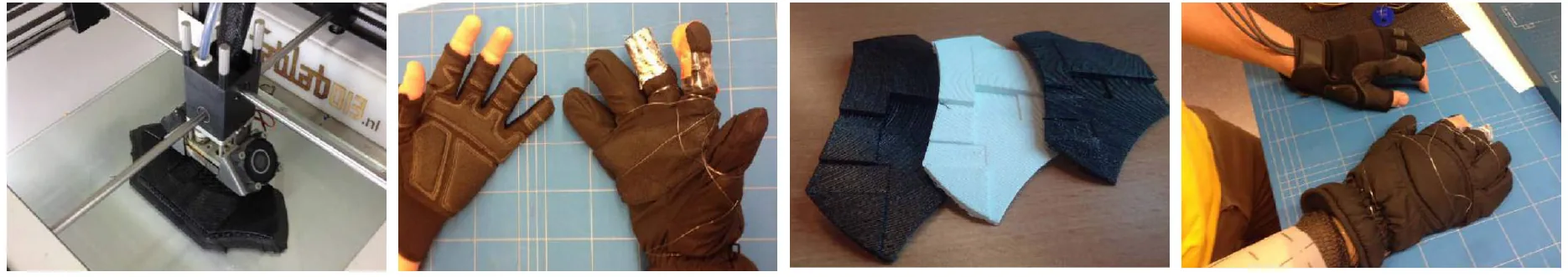 Four process photographs: 3D printing a housing, gloves threaded with fibers, layered textile samples, and a glove being tested on a hand