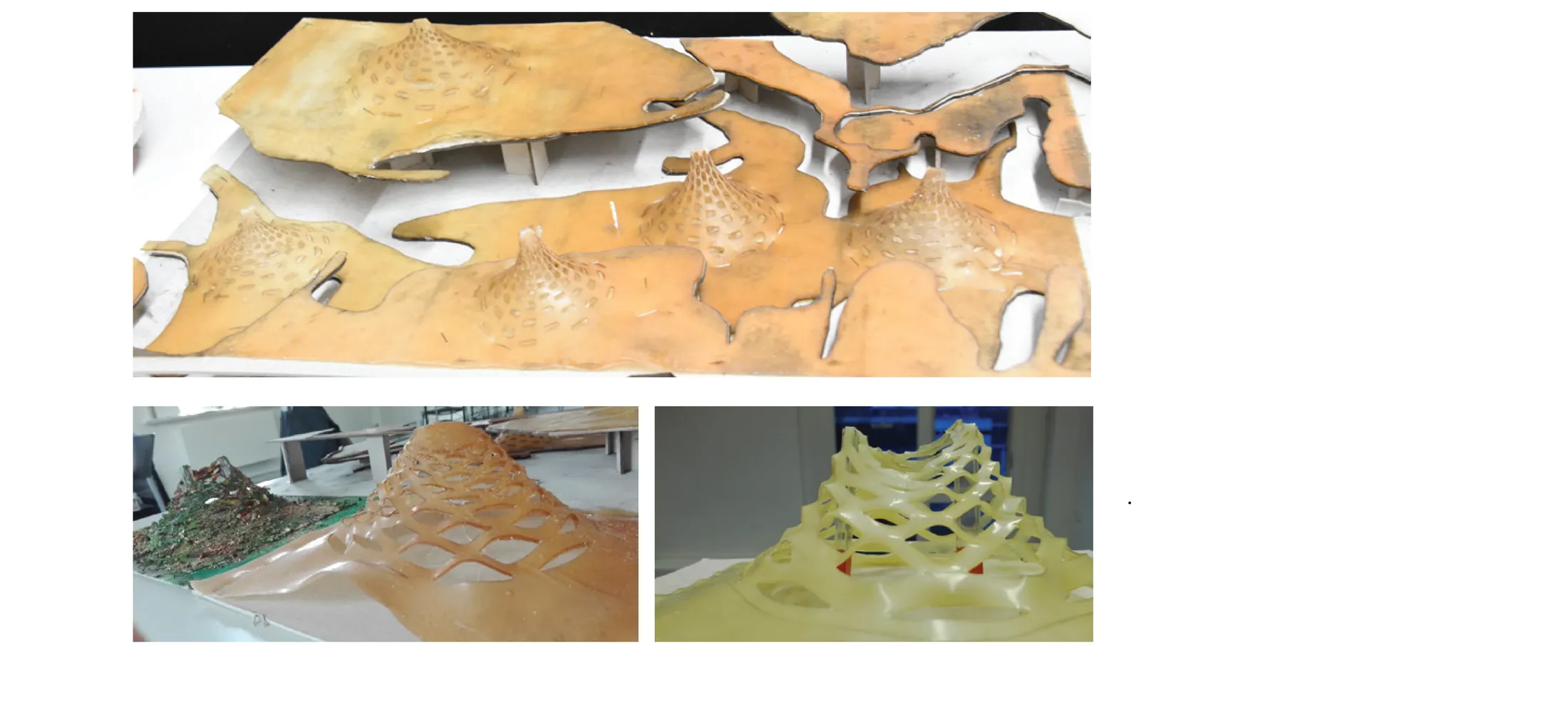 Photographs of amber-coloured latex study models, cast and stretched into layered landscape forms
