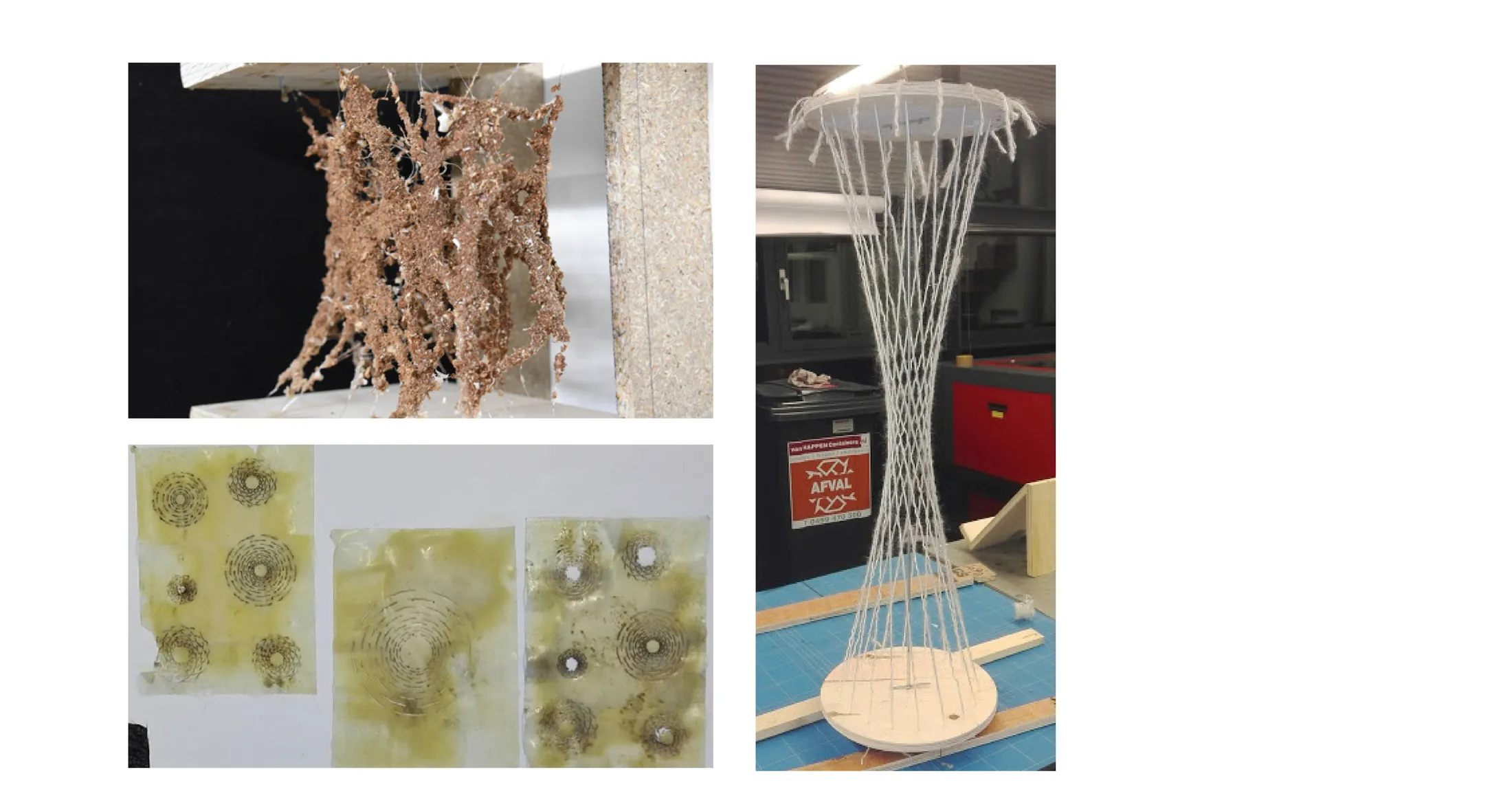 Grid of material experiments — fibre bundles suspended in latex, seeded sample sheets, and a tensioned fibre model on a timber base
