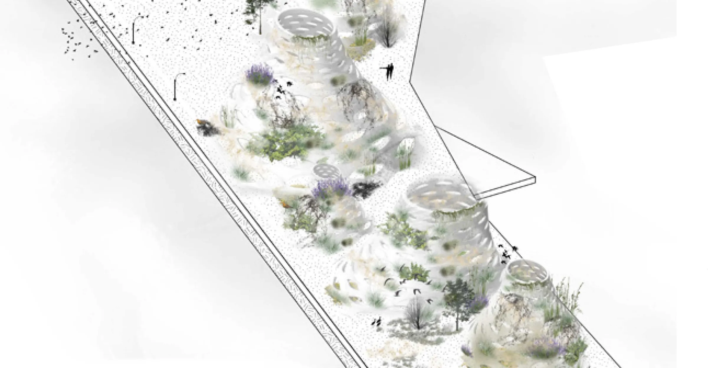 Axonometric drawing of the structure installed as a playground in an urban setting