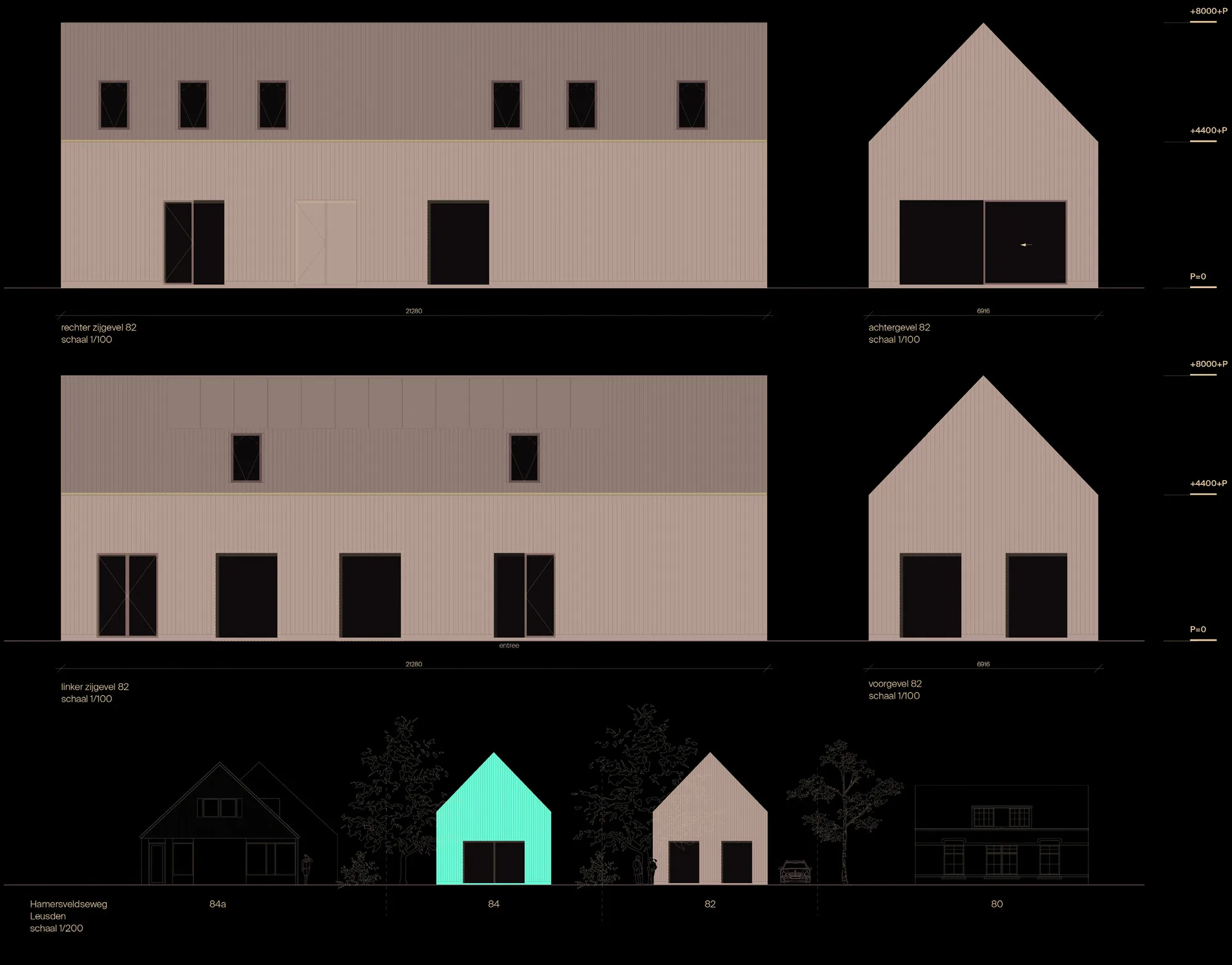 Street elevation showing the new barn-shaped houses alongside the existing neighbouring buildings