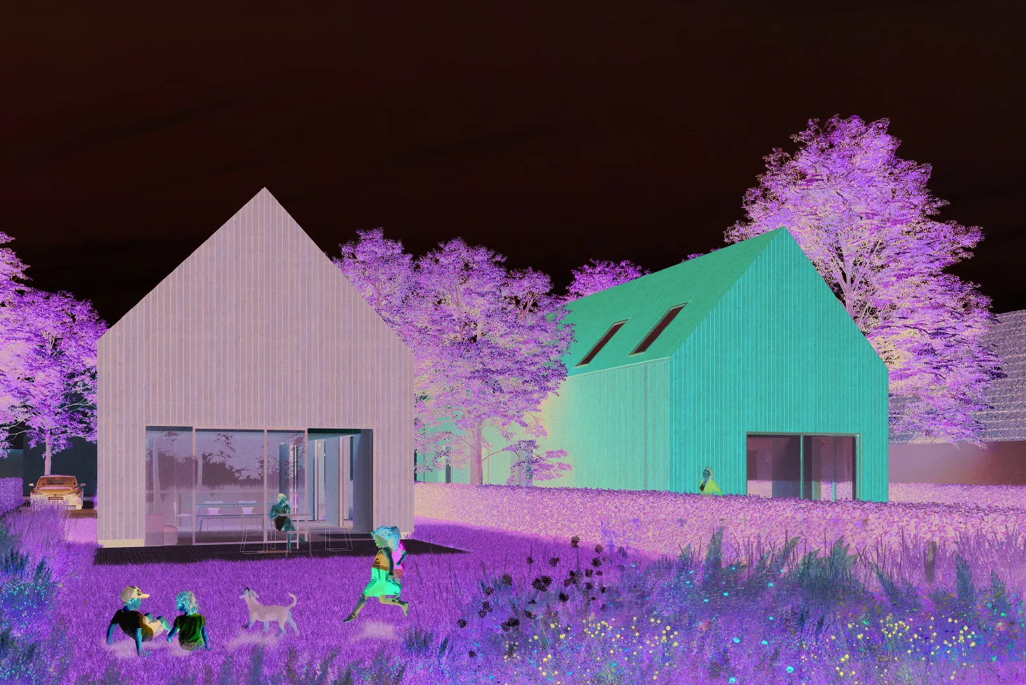 Garden-side render of the two barn-shaped houses with a family in the foreground