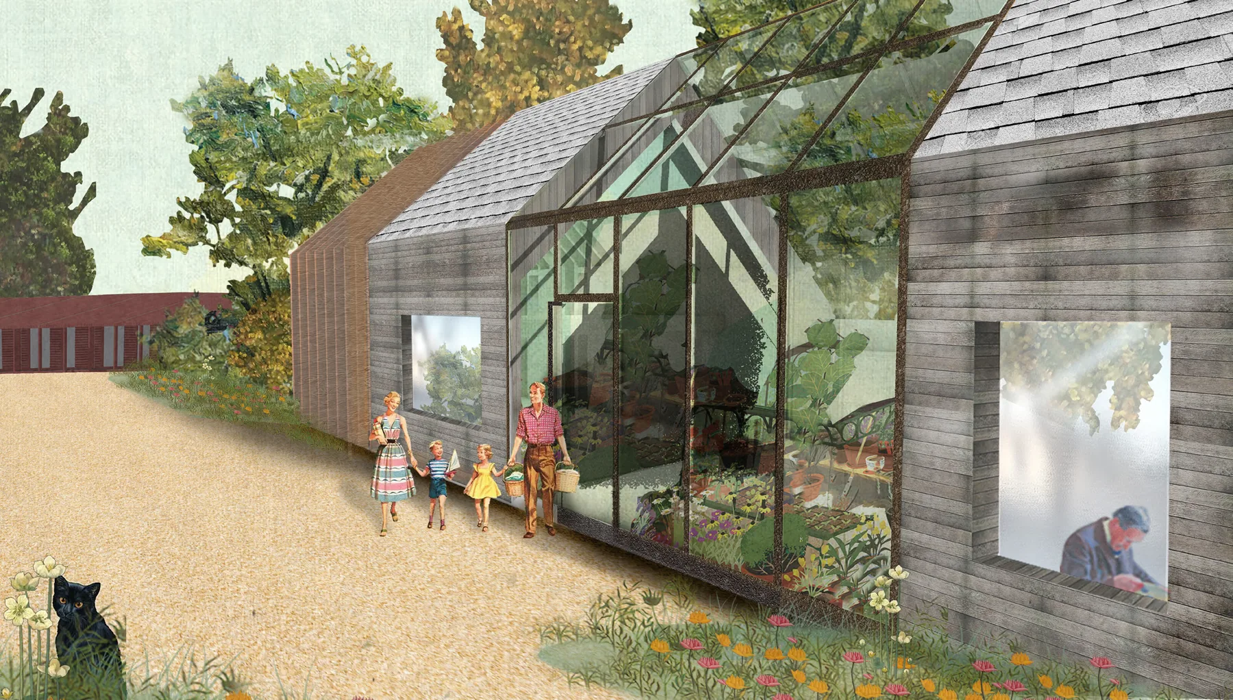 Illustrated render of a family walking past a timber house with a large glazed greenhouse volume along its side