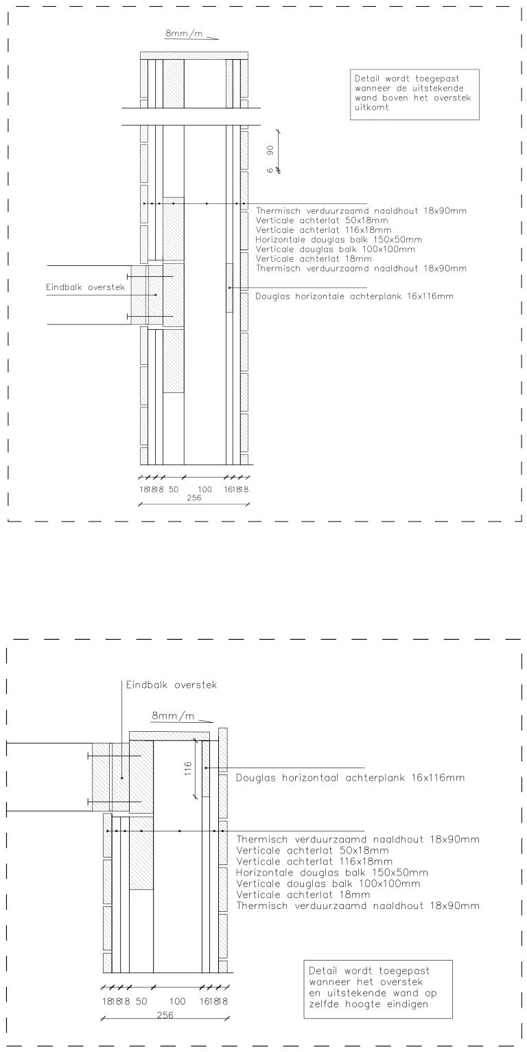 Technical facade connection details for the timber cladding and protruding wall
