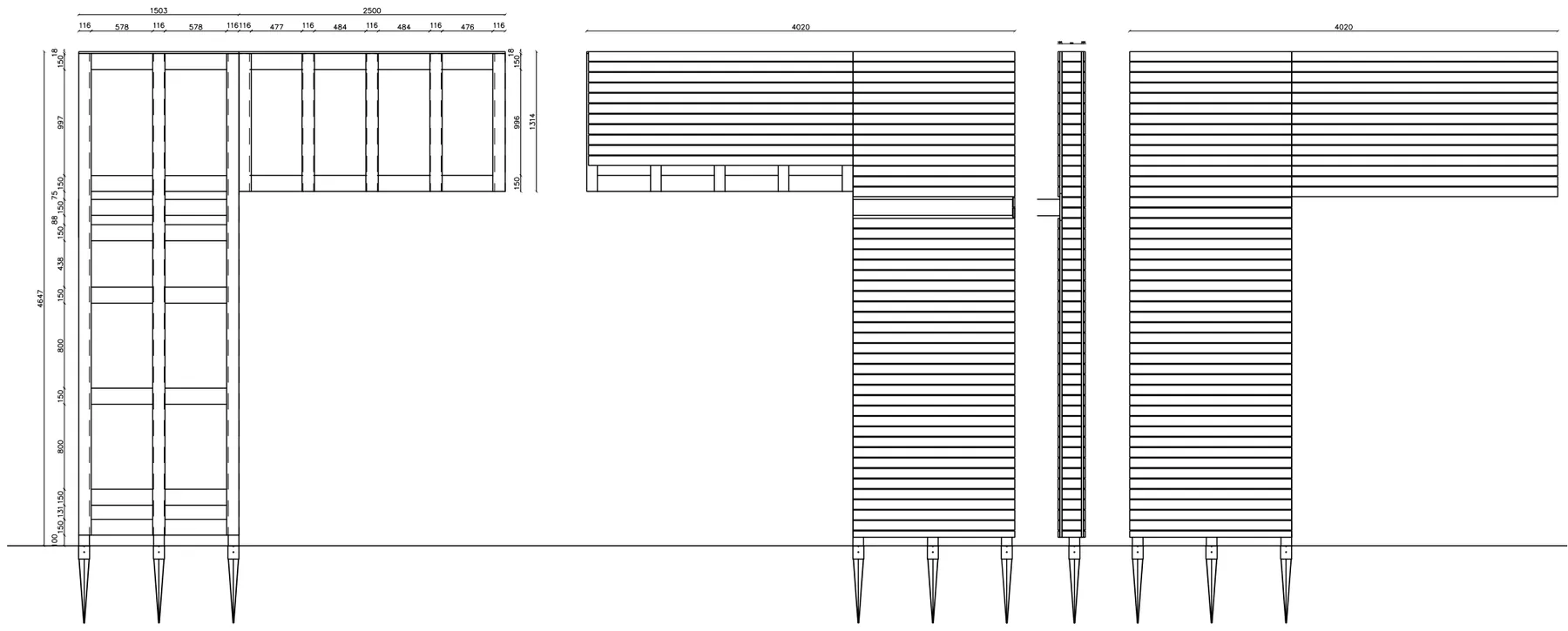 Facade elevation drawings of the residence showing horizontal cladding and framing