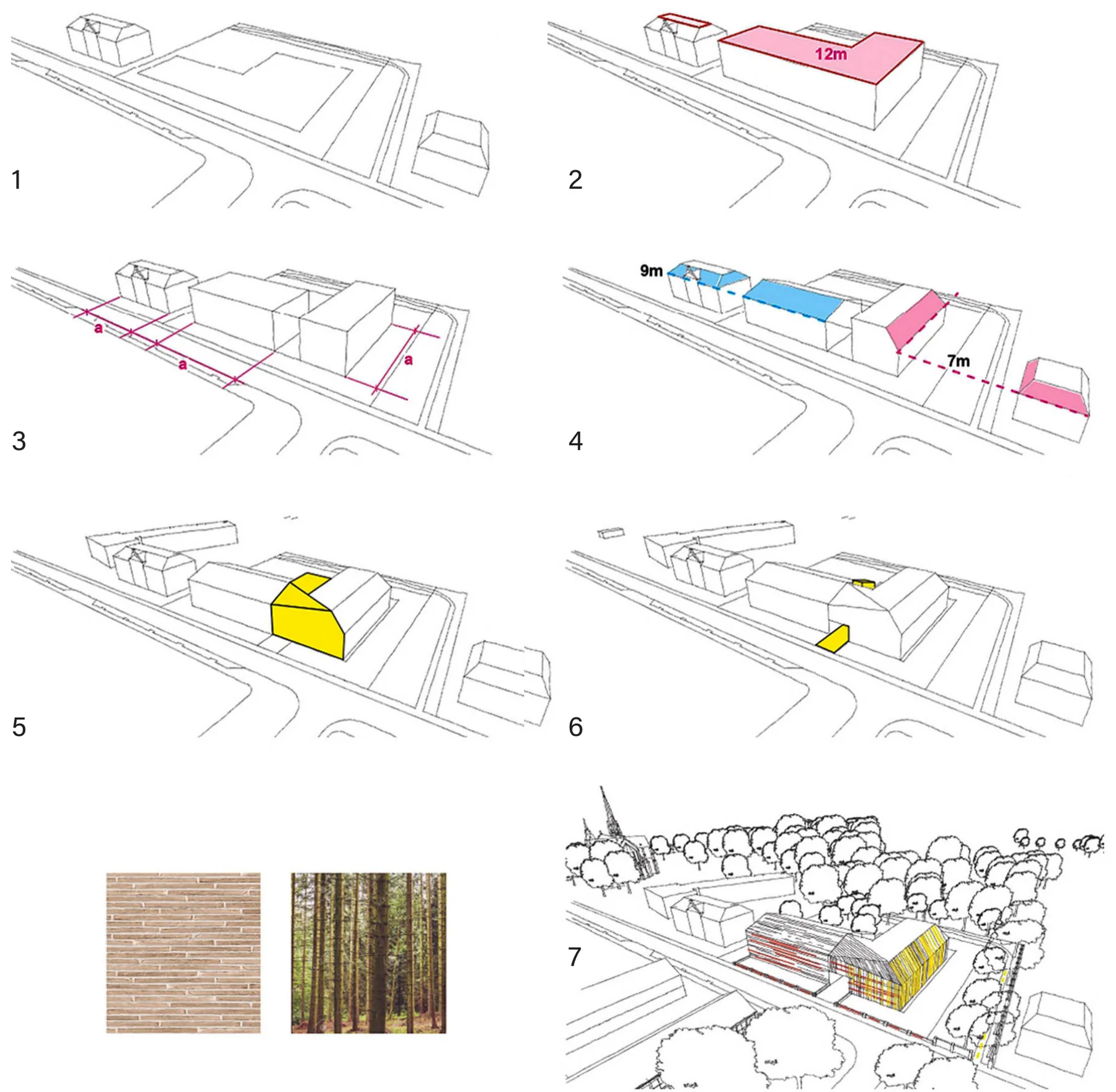 Seven numbered isometric diagrams showing the massing of the building developed step by step from the site