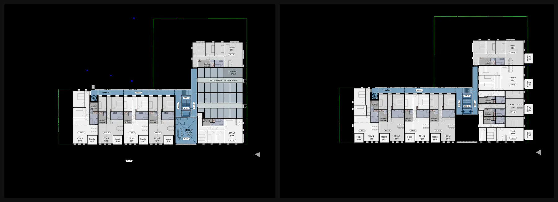 Ground floor and first floor plans of the housing complex, drawn light on a dark background