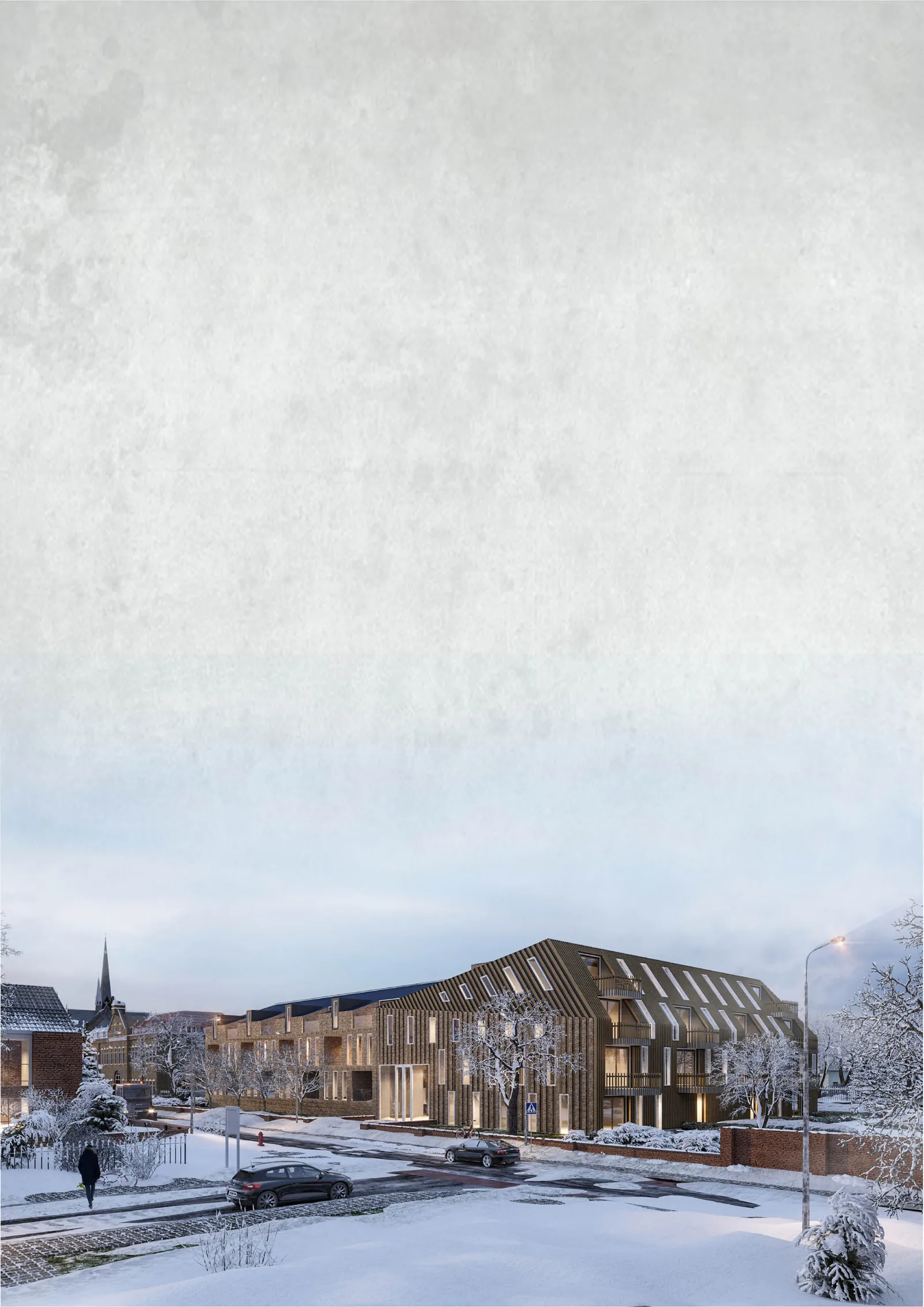 Street-level winter render of the timber housing complex under snow beside older buildings