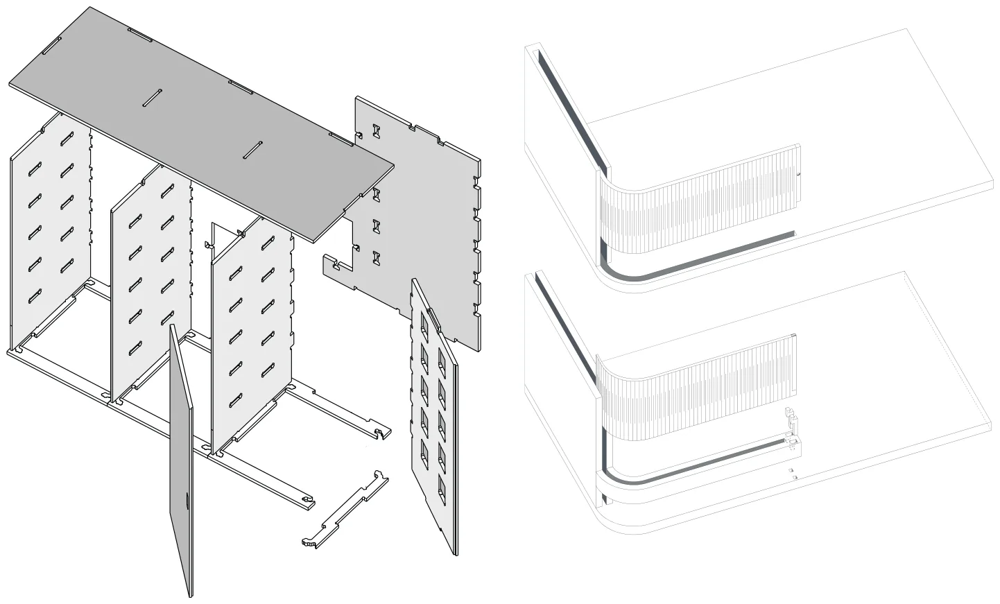 Exploded isometric drawings of the modular closet showing its CNC-milled panels and folded doors