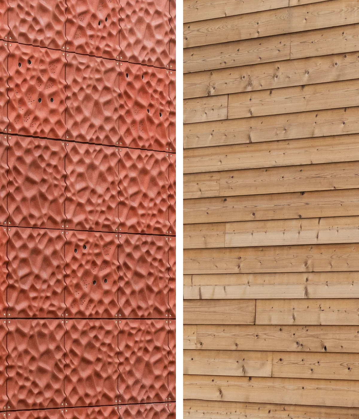Side-by-side close photographs of two facade systems: a textured cast red panel system and horizontal timber cladding