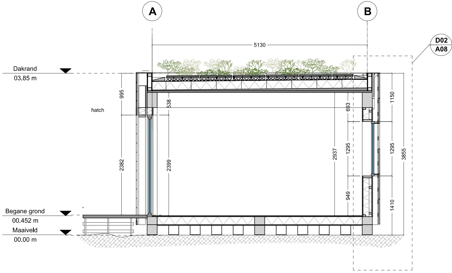Technical section drawing through the pavilion showing the timber frame, roof build-up and ground connection with dimensions