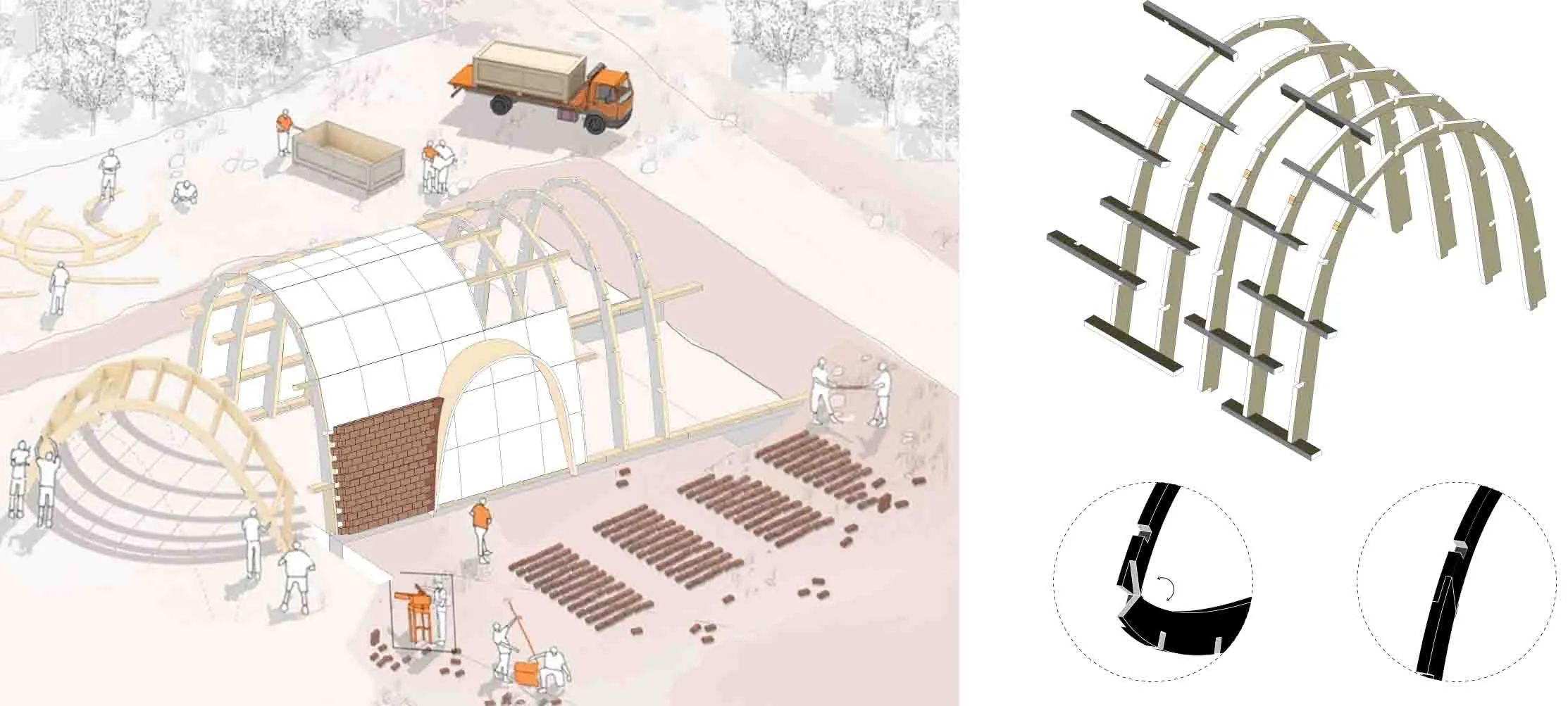 Diagram of the modular vault construction template showing its three unique elements and the collapsible form