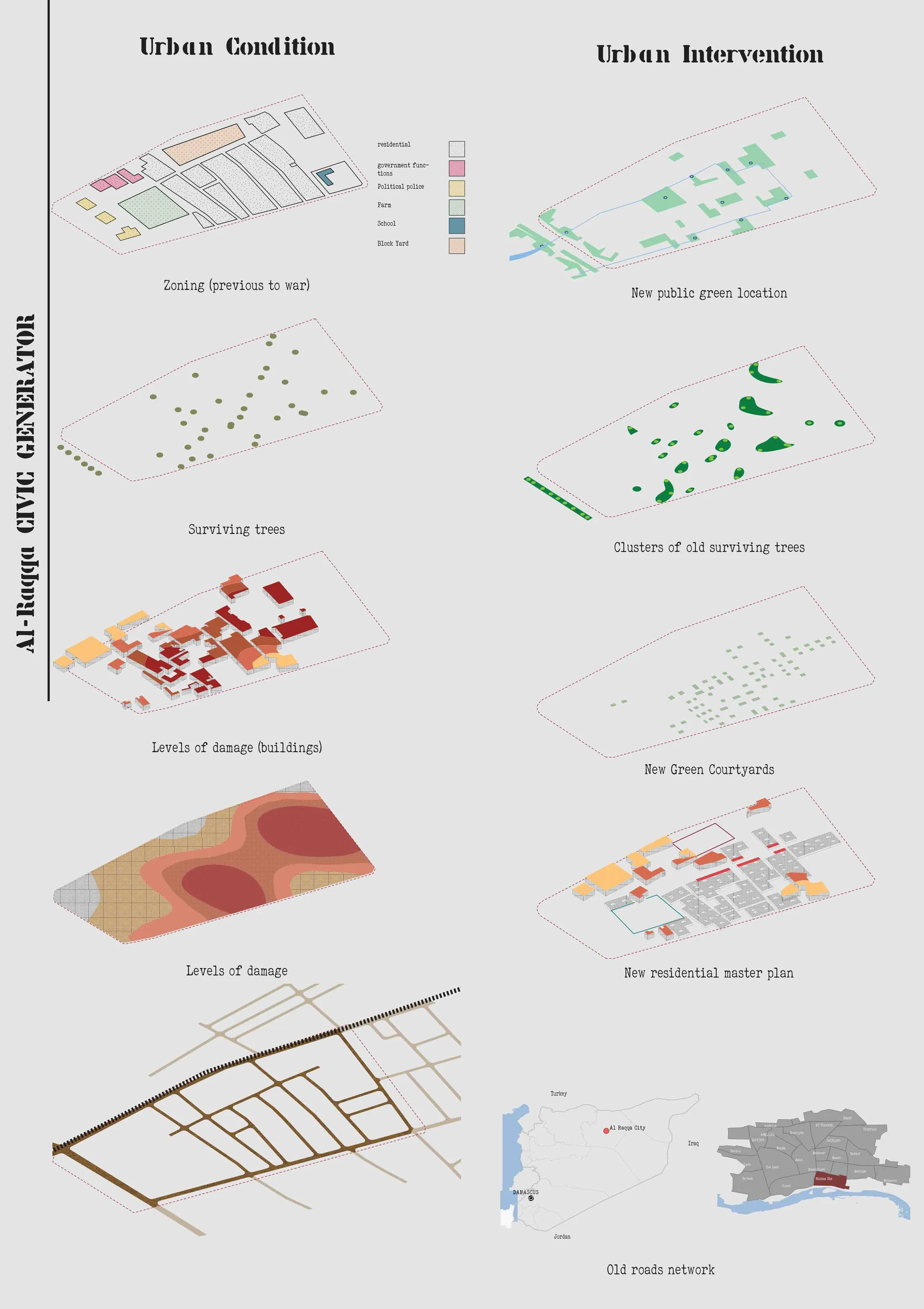 Analysis poster with a series of small diagrams comparing the existing urban condition to the proposed urban intervention