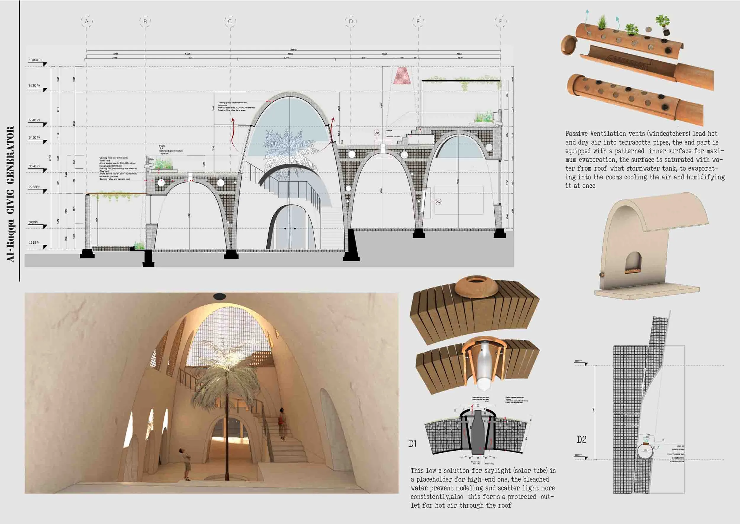 Presentation poster with sections and elevations of the vaulted structure alongside details of the windcatcher, terracotta pipes and solar tube