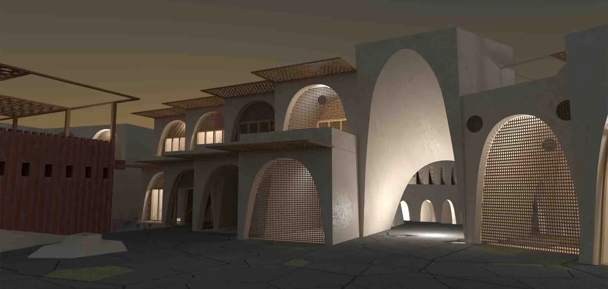 Interior render of a series of tall earth-coloured vaults lit from openings at their ends