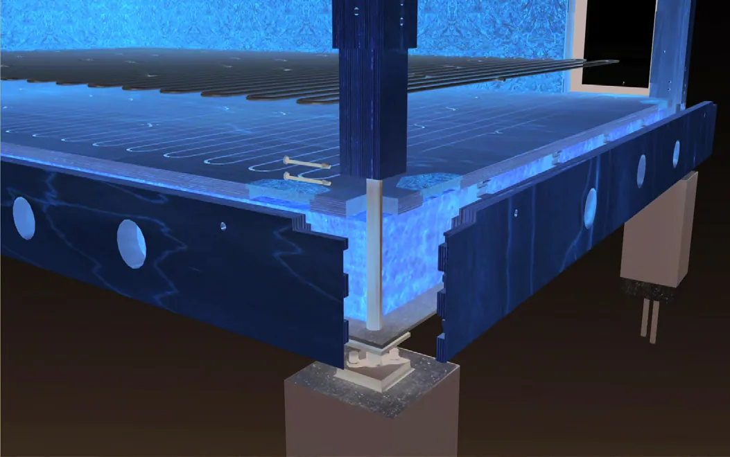 Render of a timber floor cassette with heating channels milled into its upper surface